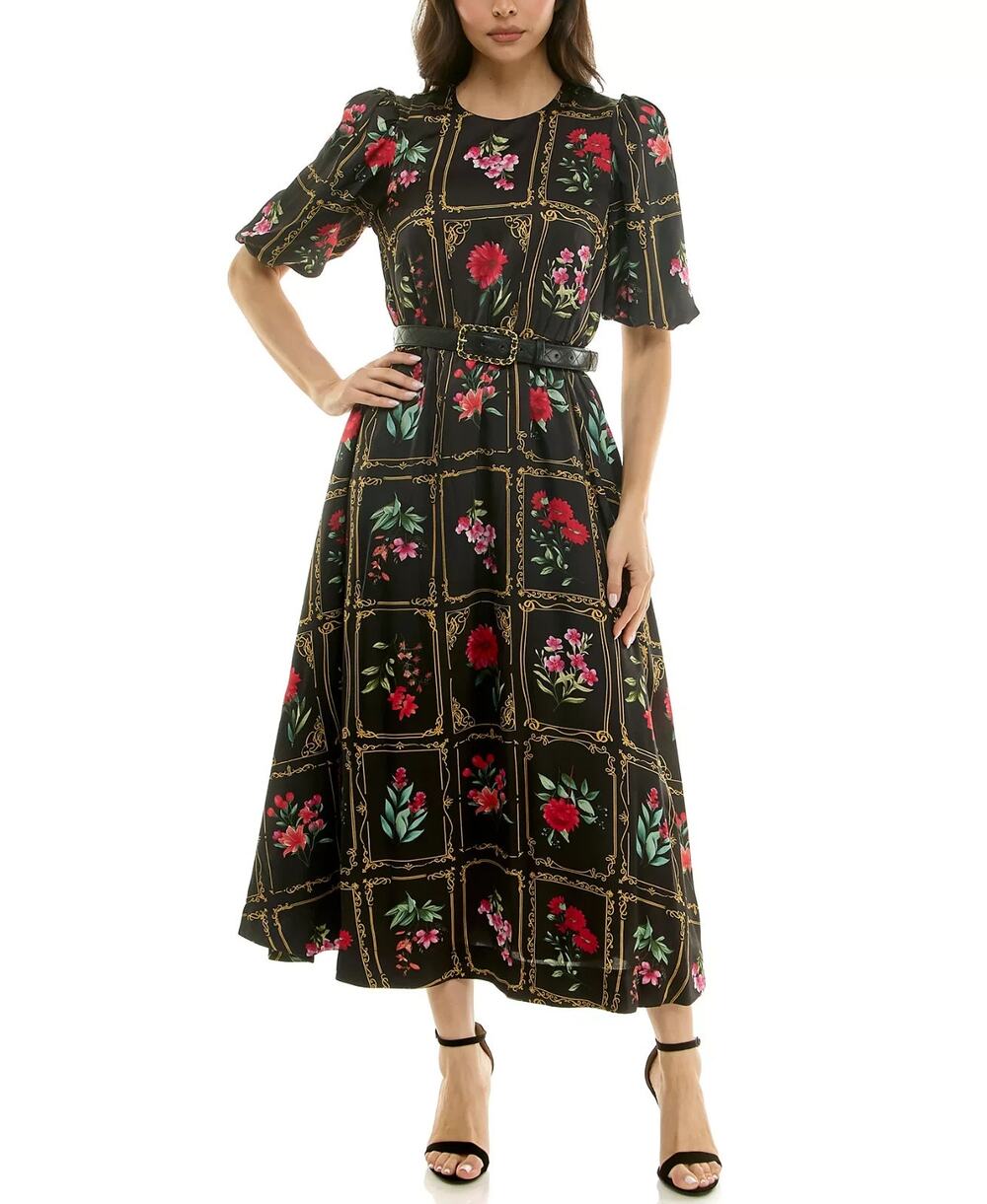 Taylor Women's Belted Puff Sleeve Midi Dress Black Size 14 4001